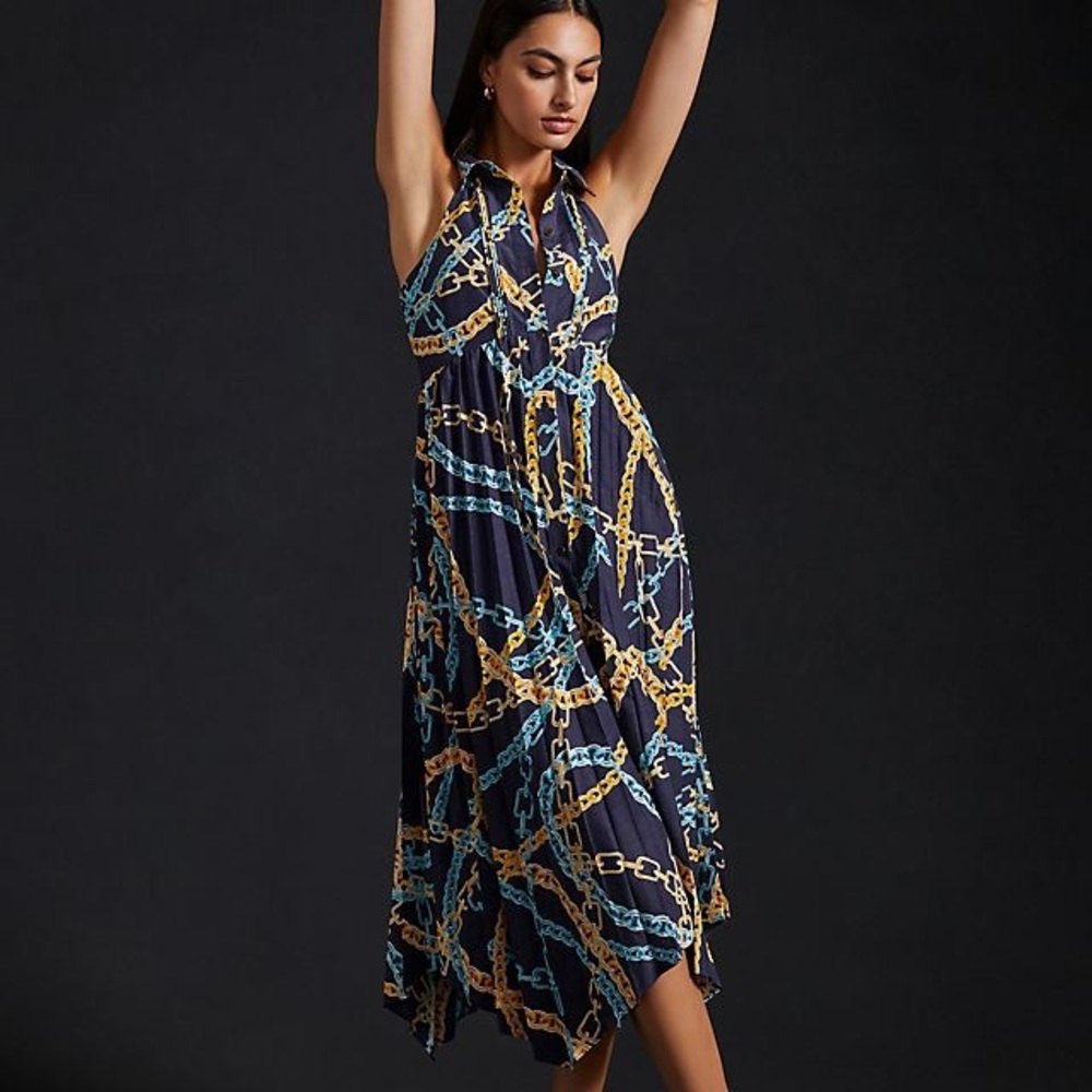 Maeve Elegant Chains Pleated Midi Shirt Dress - Picture 6 of 16